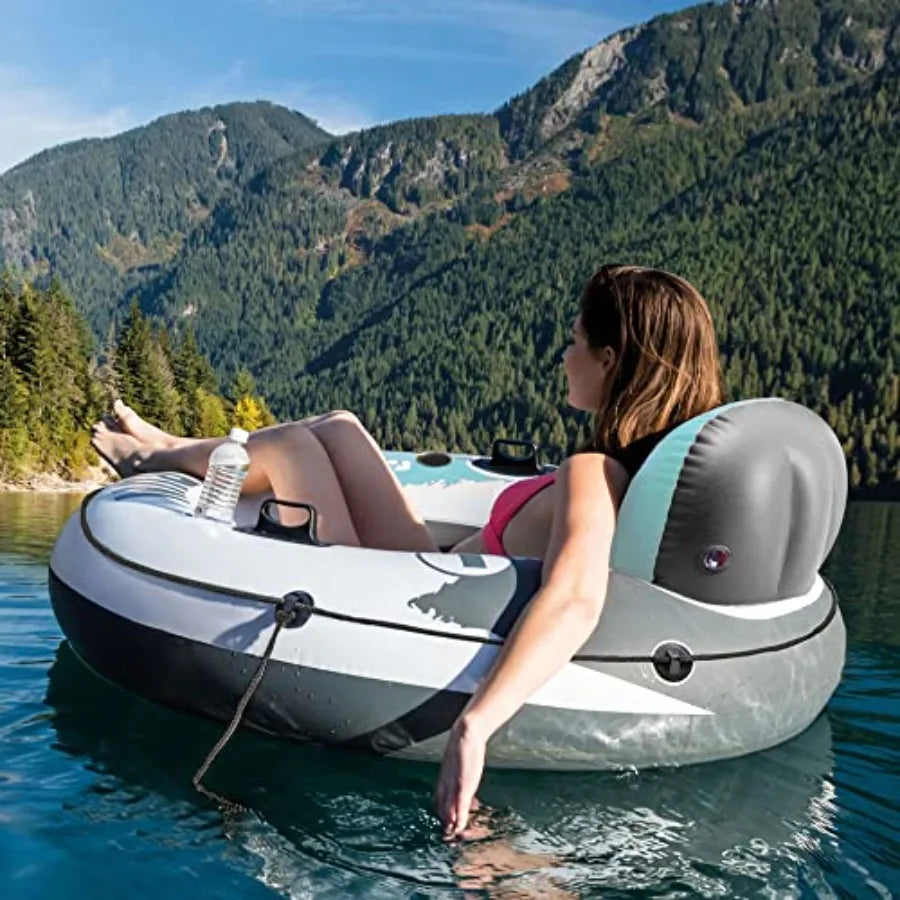 River Run Inflatable Tube Float For Two Riders With Built In Cooler PVC Blue Outdoor Water Play For Families