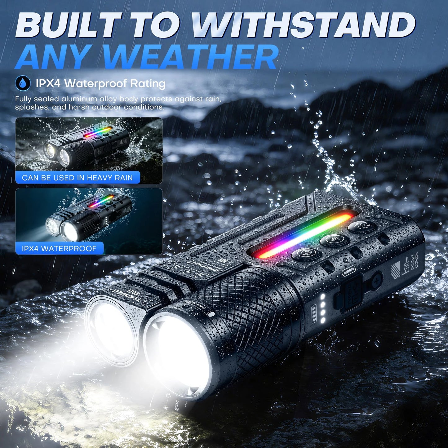 Tuowee USB Rechargeable Tactical Flashlight 3000LM IPX4 Waterproof RGB Zoomable