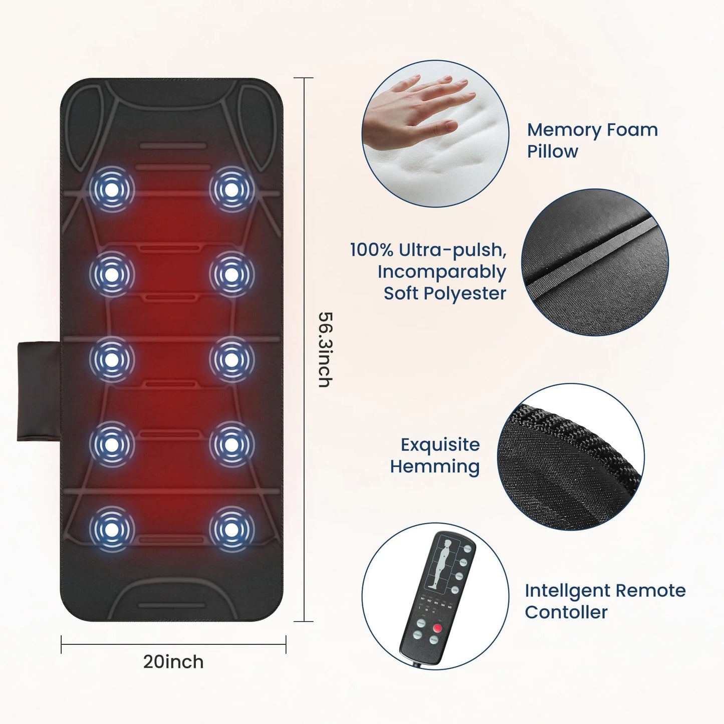 Full Body Massage Mat with Heat for Back Pain Relief – 10 Vibration Motors Back Massager Pad with 4 Heating Zones, 3 Adjustable Intensity Levels, Foldable Vibration Massage Mattress for Bed Sofa Home Office, Ideal Gift for