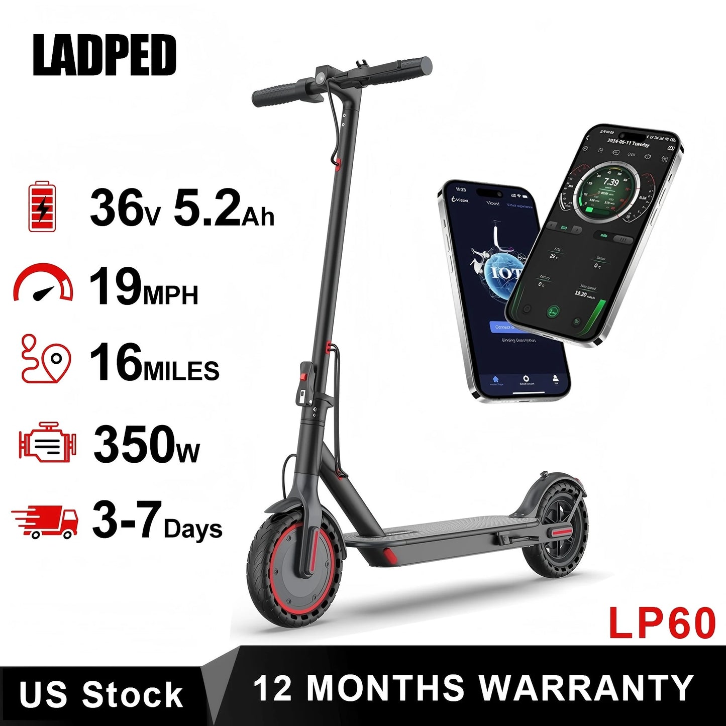 Ladped Electric Scooter LP60 350W Folding 19 MPH Max Speed 16 Miles Range For Adults