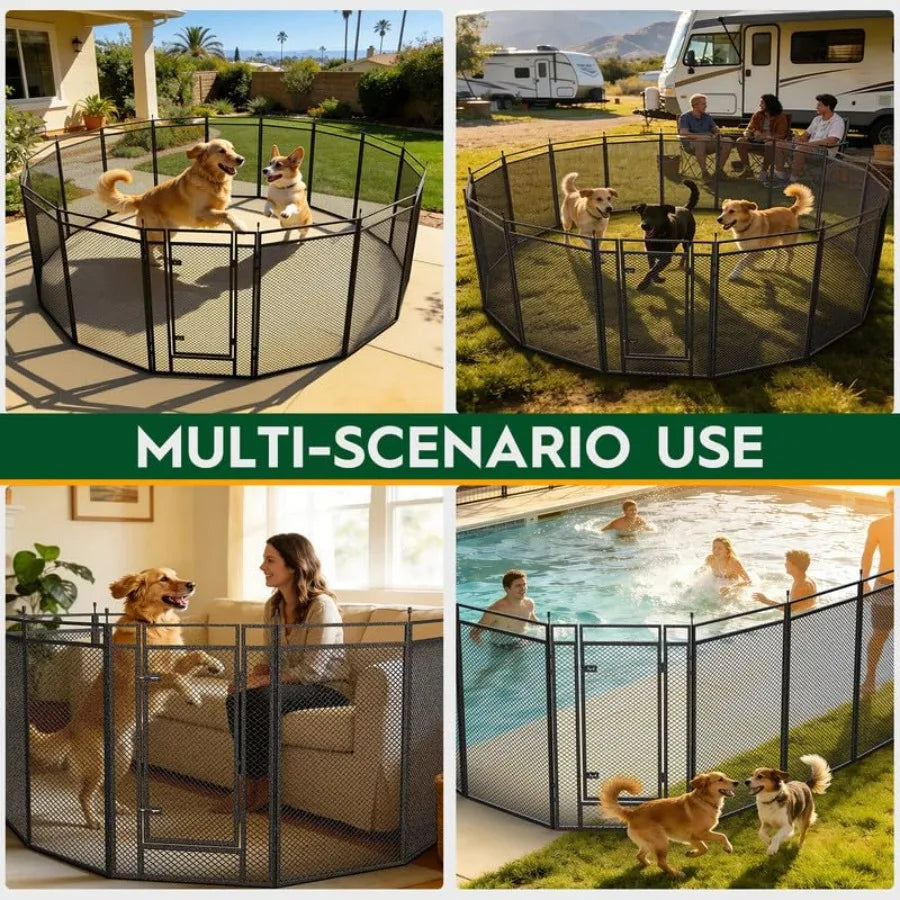 Dog Playpen With Safety Mesh 32 Inch Height Eight Panels Portable Durable Metal Fence For Indoor Outdoor Use Camping RV