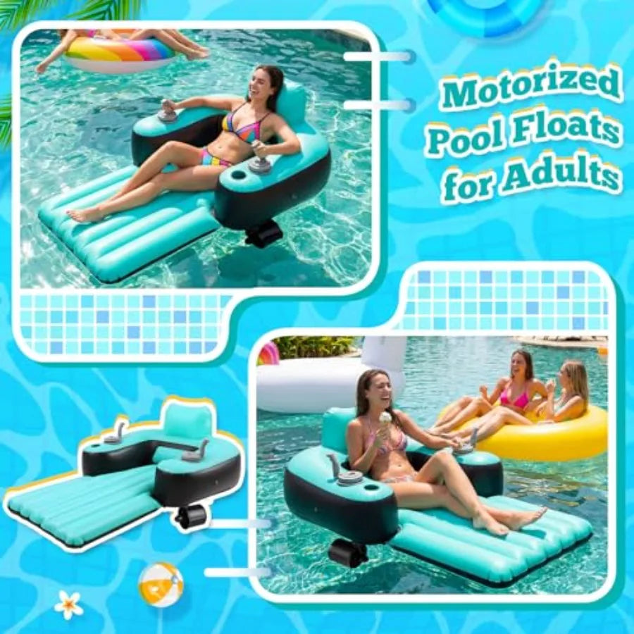 Motorized Pool Float For Adults With Dual Motors Cup Holders Backrest And Foot Pump In Blue Durable PVC