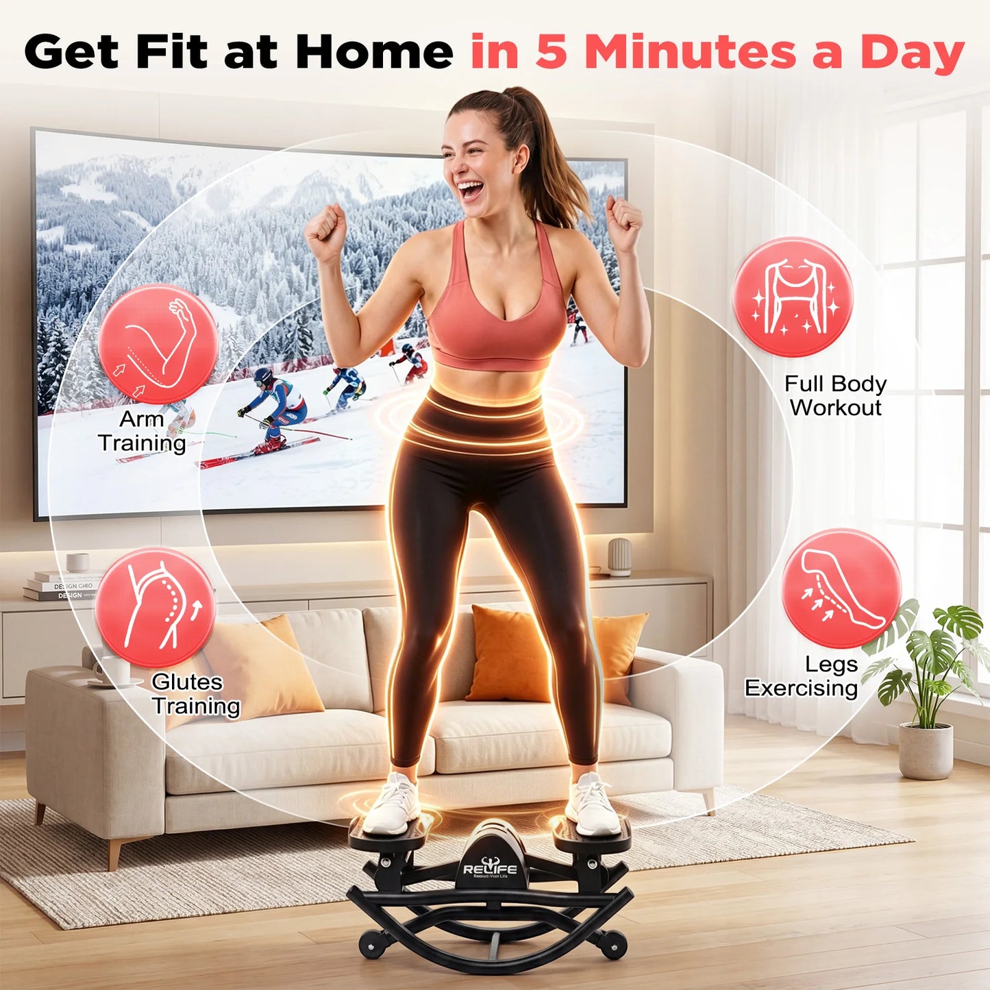 Relife 3D Lateral Rocking Stepper With Resistance Bands And Monitor