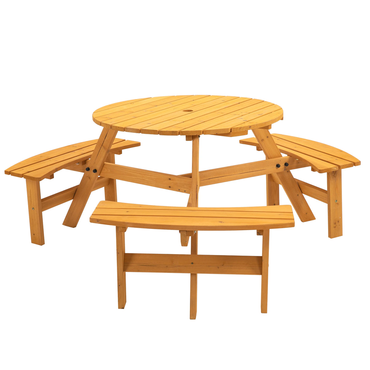 Solid Wood Round Picnic Table Set With Three Outdoor Benches