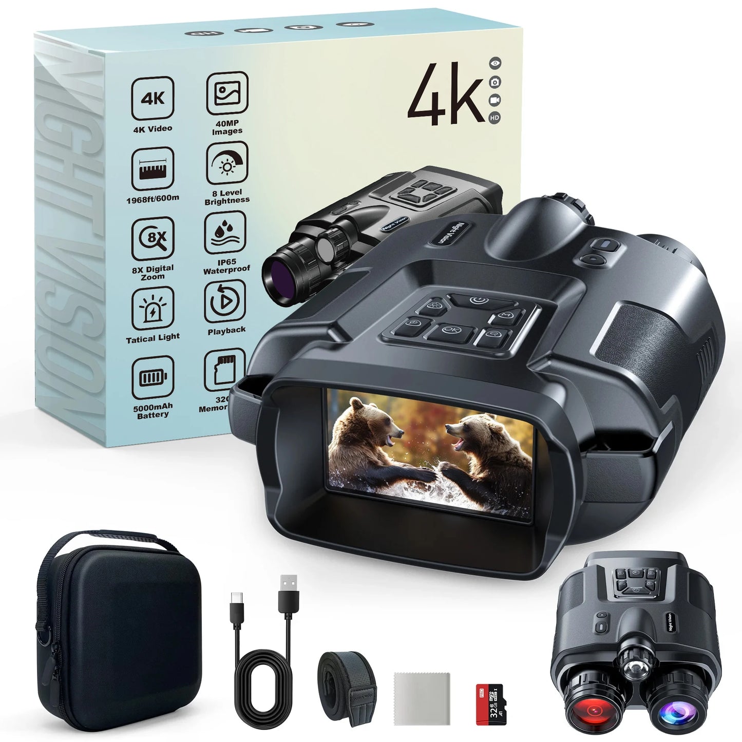 DIYIMIN Night Vision Binoculars 4K Infrared 8X Digital Zoom Goggles Rechargeable