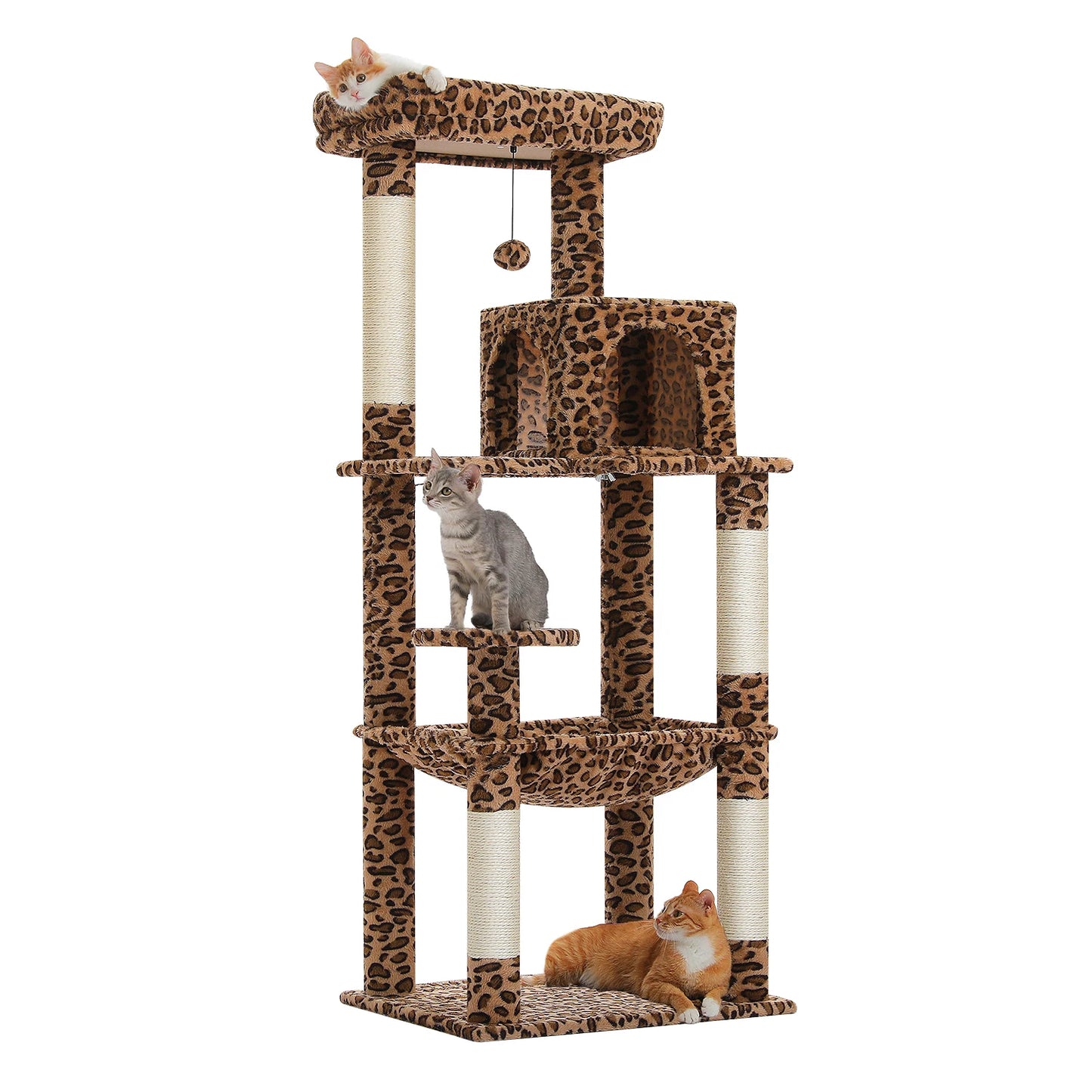 Multi-Level Leopard Cat Tree for Indoor Cats Large Cat Tower with Sisal Scratching Posts Cozy Cat Condo Spacious Hammock Soft Top Perch Cat Toys