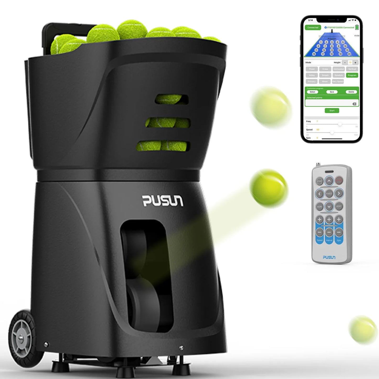 PUSUN Tennis Ball Machine PT Smart Launcher For All Levels 100 Ball Capacity 4-6 Hour Battery Life Adjustable Elevation
