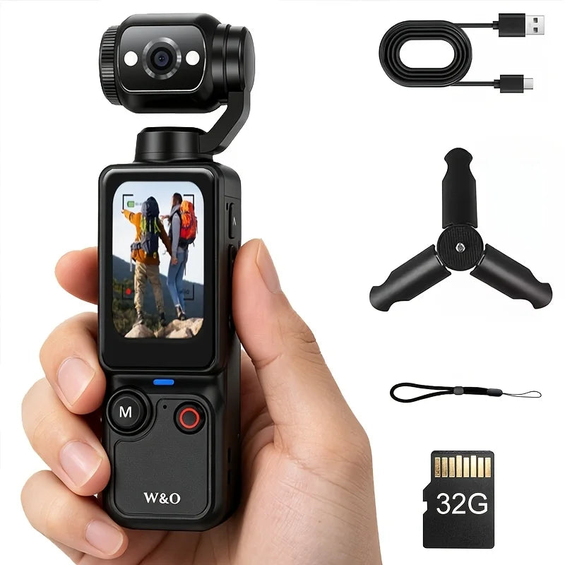 Ultra HD 4K Sports Camcorder, Ultra Light Body for Travel & Vlog, Comes with 32GB Memory Card and Tripod, Anti-Shock Stabilization, 180° Adjustable Flip Screen, Auto Focus, 2000mAh Rechargeable Battery for Outdoor Cycling