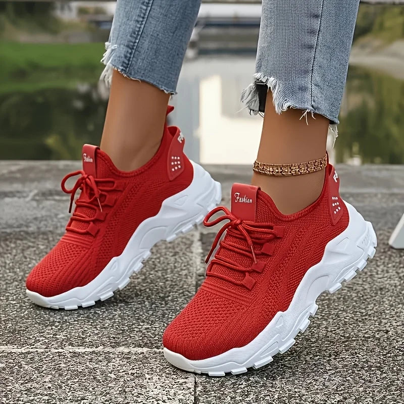Womens Chunky Platform Knit Mesh Walking Sneakers With Wavy Sole