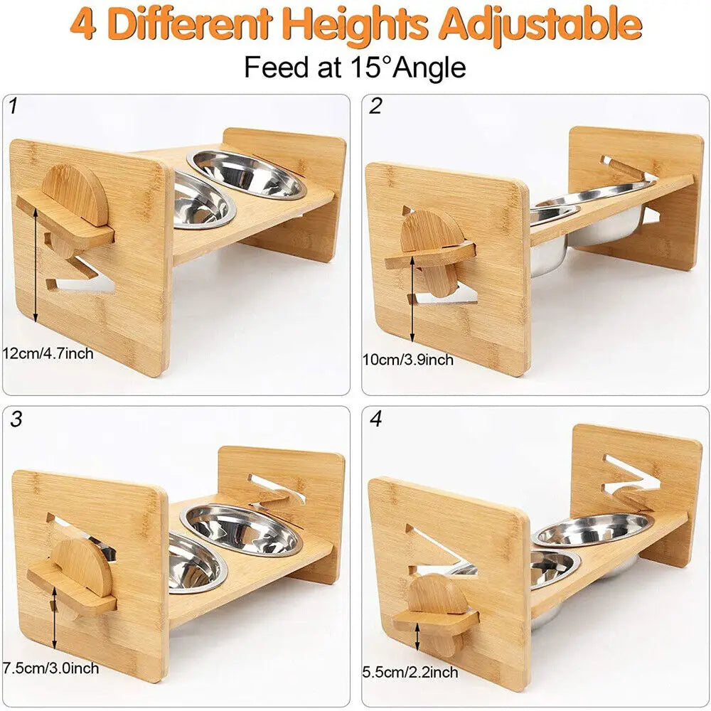 Elevated Adjustable Dog Feeding Station With Bamboo Frame Stainless Bowls