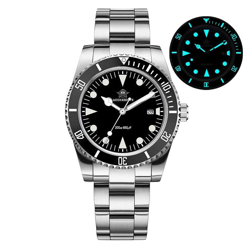 ADDIESDIVE Men's Diving Watch Stainless Steel Ceramic Bezel Quartz Watch Men's BGW9 Luminous 200m Waterproof Men's Watch