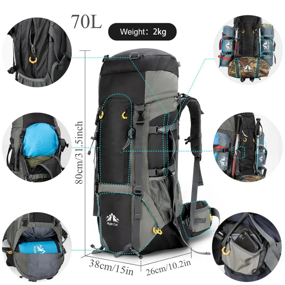 Night Cat Waterproof Hiking Backpack With Internal Frame For Outdoor