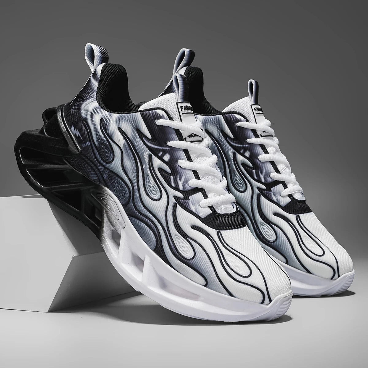 Unisex Flame Print Chunky Running Sneakers With Breathable Mesh