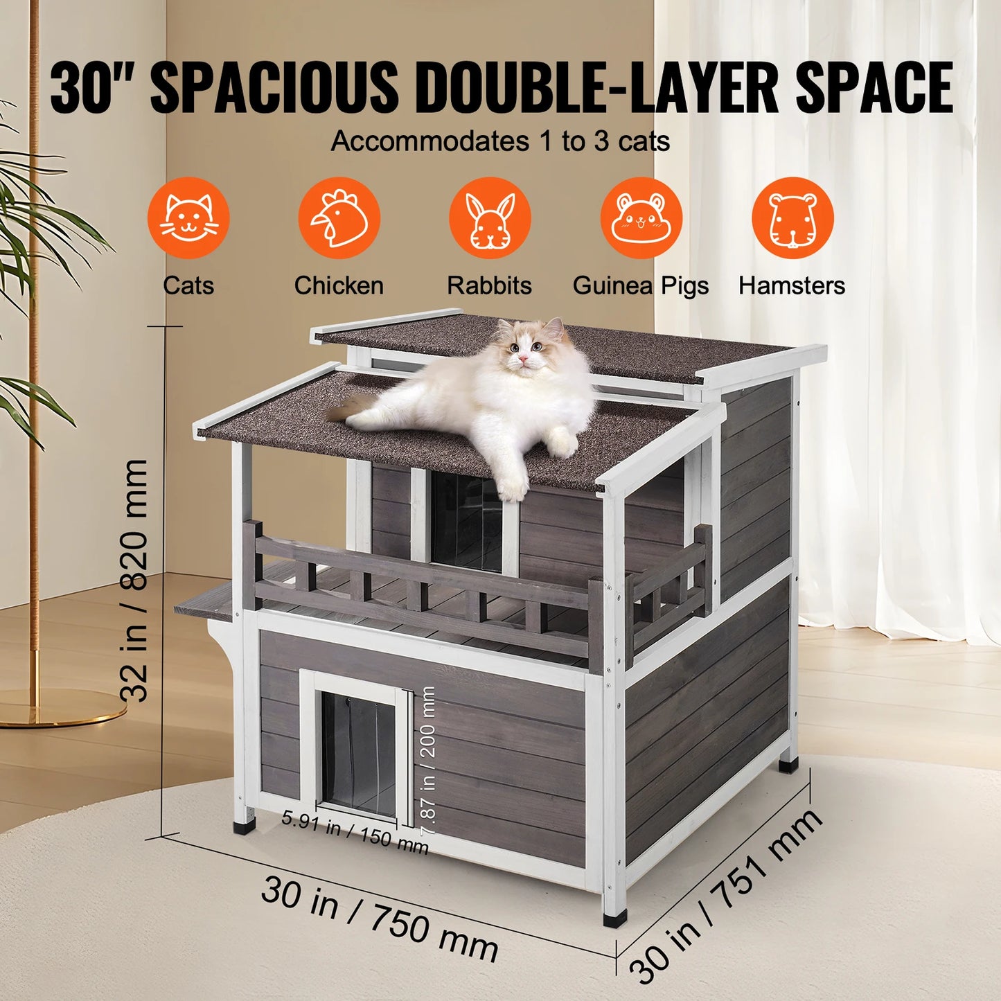 SucceBuy Weatherproof Outdoor Cat House Large 2 Story Wooden Shelter With Balcony Open Roof For Feral Cats