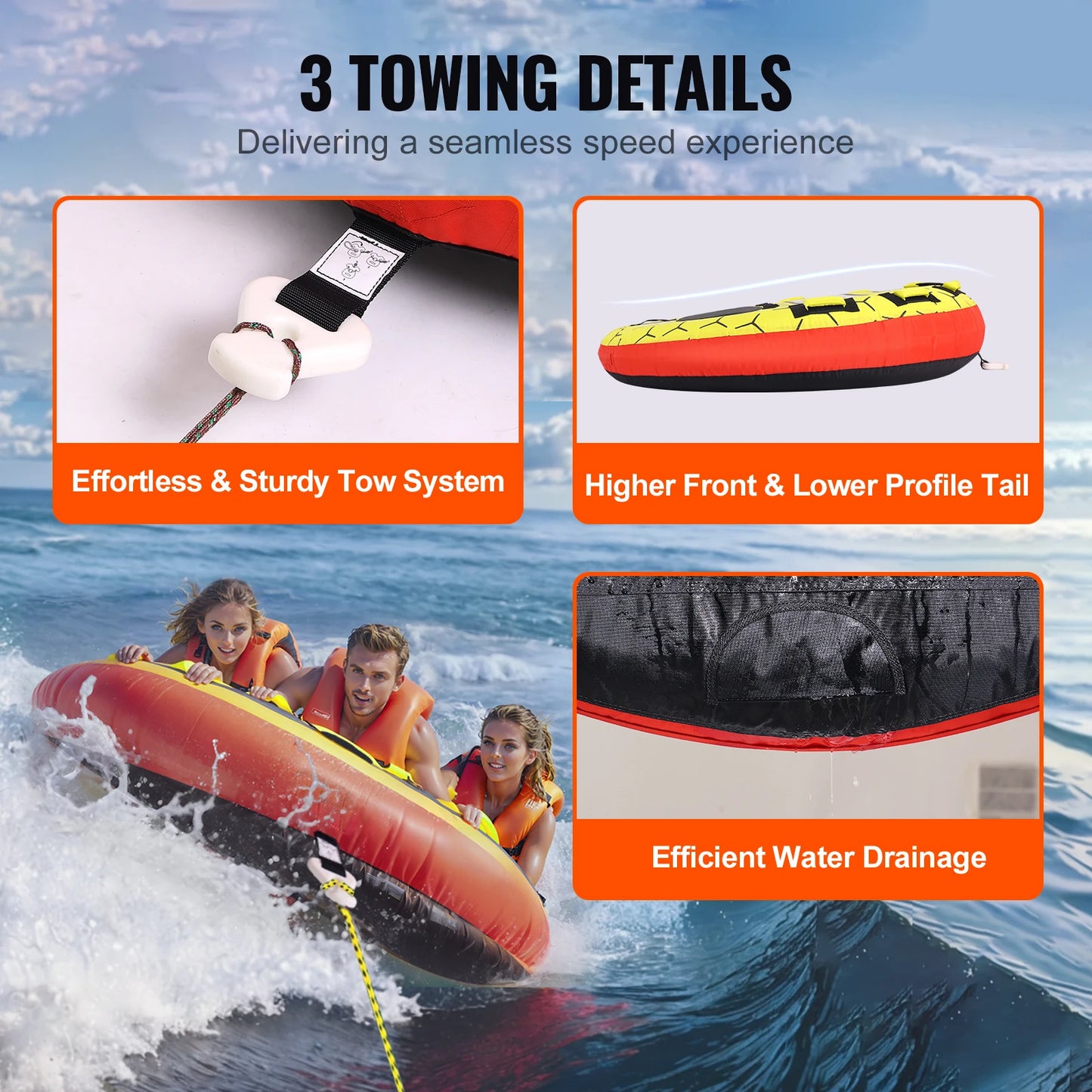 SucceBuy 63 Inch Towable Tube For Boating 1 To 3 Riders Family Friendly Durable 840D Nylon
