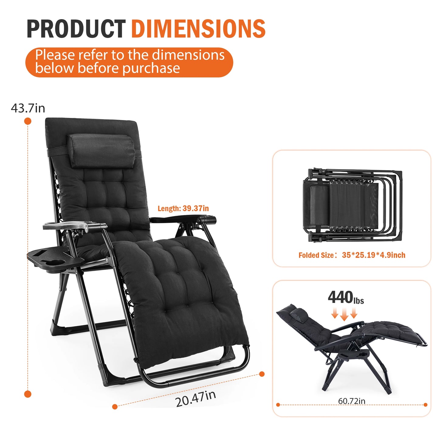 JHK Zero Gravity Reclining Camping Lounge Chair With Cup Holder Tray