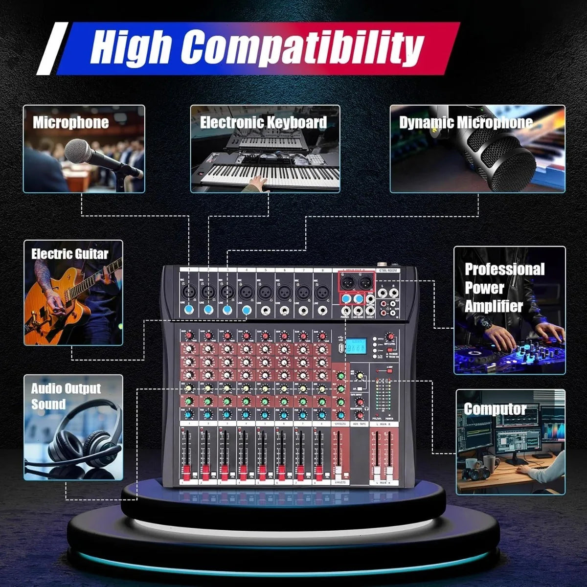 Bymaocar 8 Channel Mixing Console USB Bluetooth Studio Mixer For PC Recording