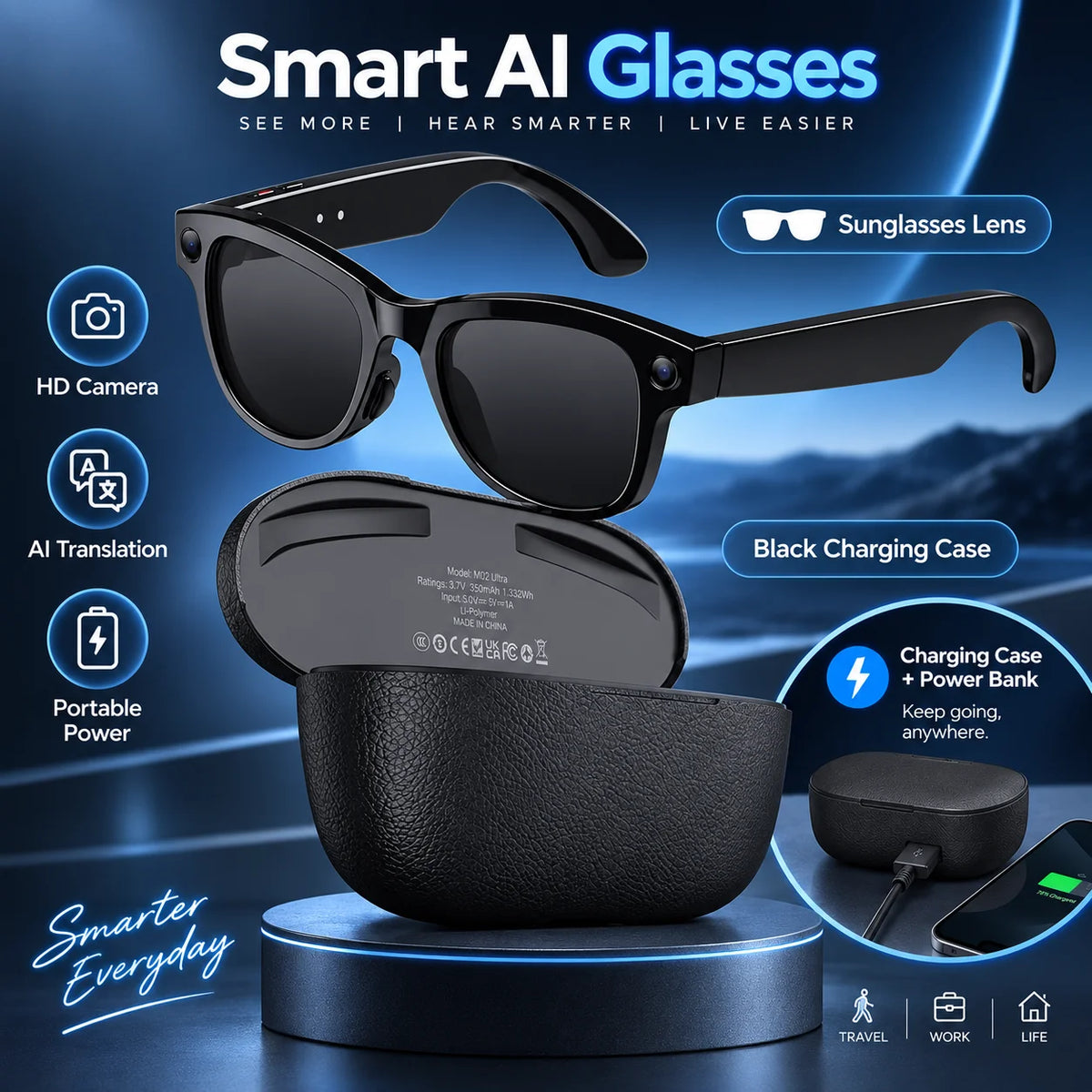AI Smart Glasses With HD Camera Translation And Charging Case