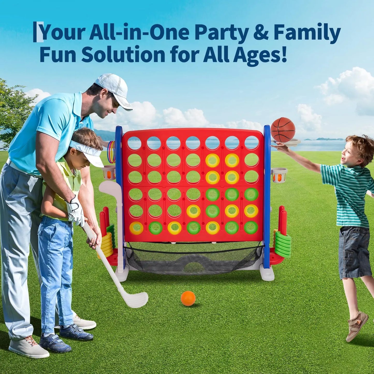 Four In One Floor Board Game Set 4 Games Adjustable Height Mesh Board Carry Bag Family Indoor Outdoor