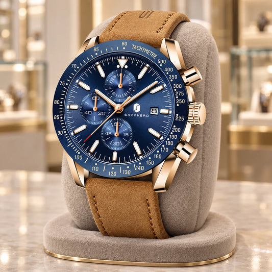 SAPPHERO Men's Quartz Chronograph Watch Date Display Blue Dial 50M Water Resistant Sport Luxury Wristwatch Elegant Fashion Business Casual Watch for Men Daily Wear Office Travel Gift