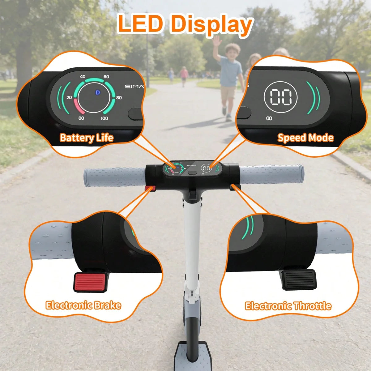 SIMATE Kids Electric Scooter Foldable With LED Display Dual Braking System App Control