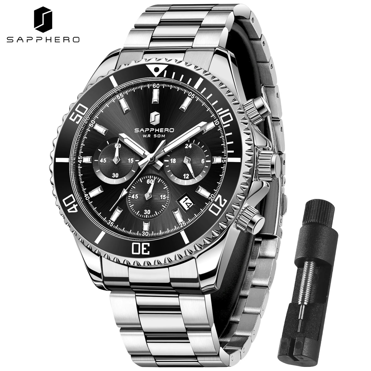 SAPPHERO Men's Stainless Steel Quartz Chronograph Waterproof Watch
