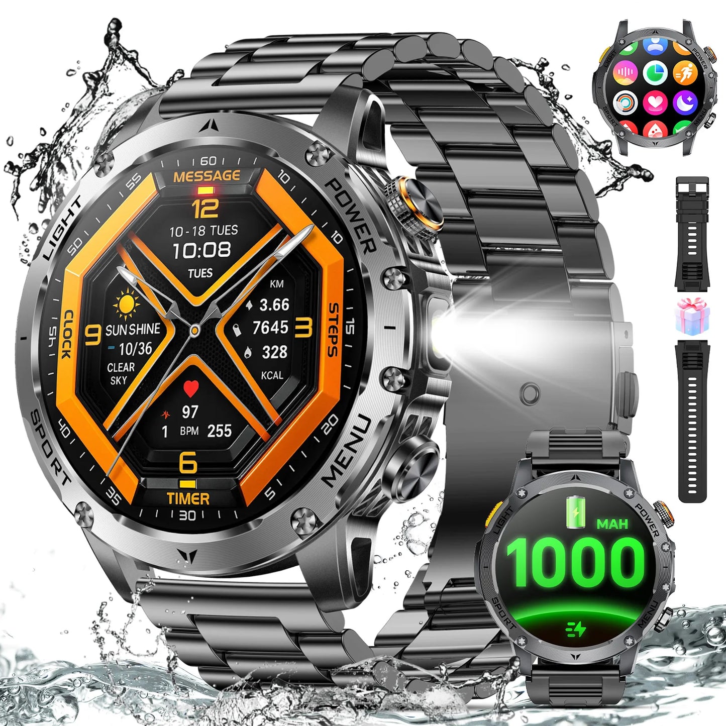 Military Smart Watch Men 1.7 Inch HD Screen Bluetooth Waterproof