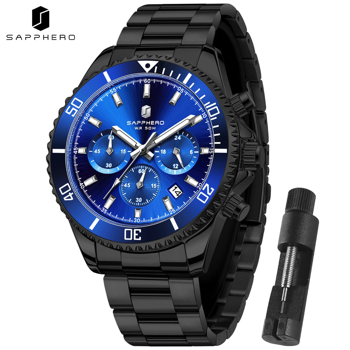 SAPPHERO Men's Stainless Steel Quartz Chronograph Waterproof Watch