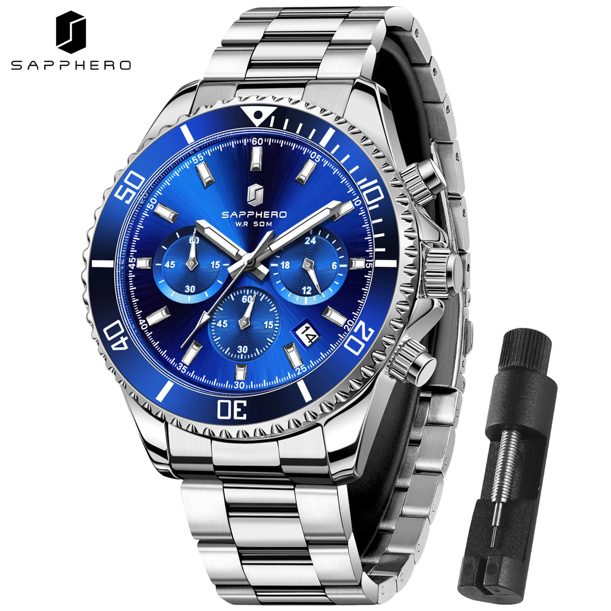 SAPPHERO Men's Stainless Steel Quartz Chronograph Waterproof Watch