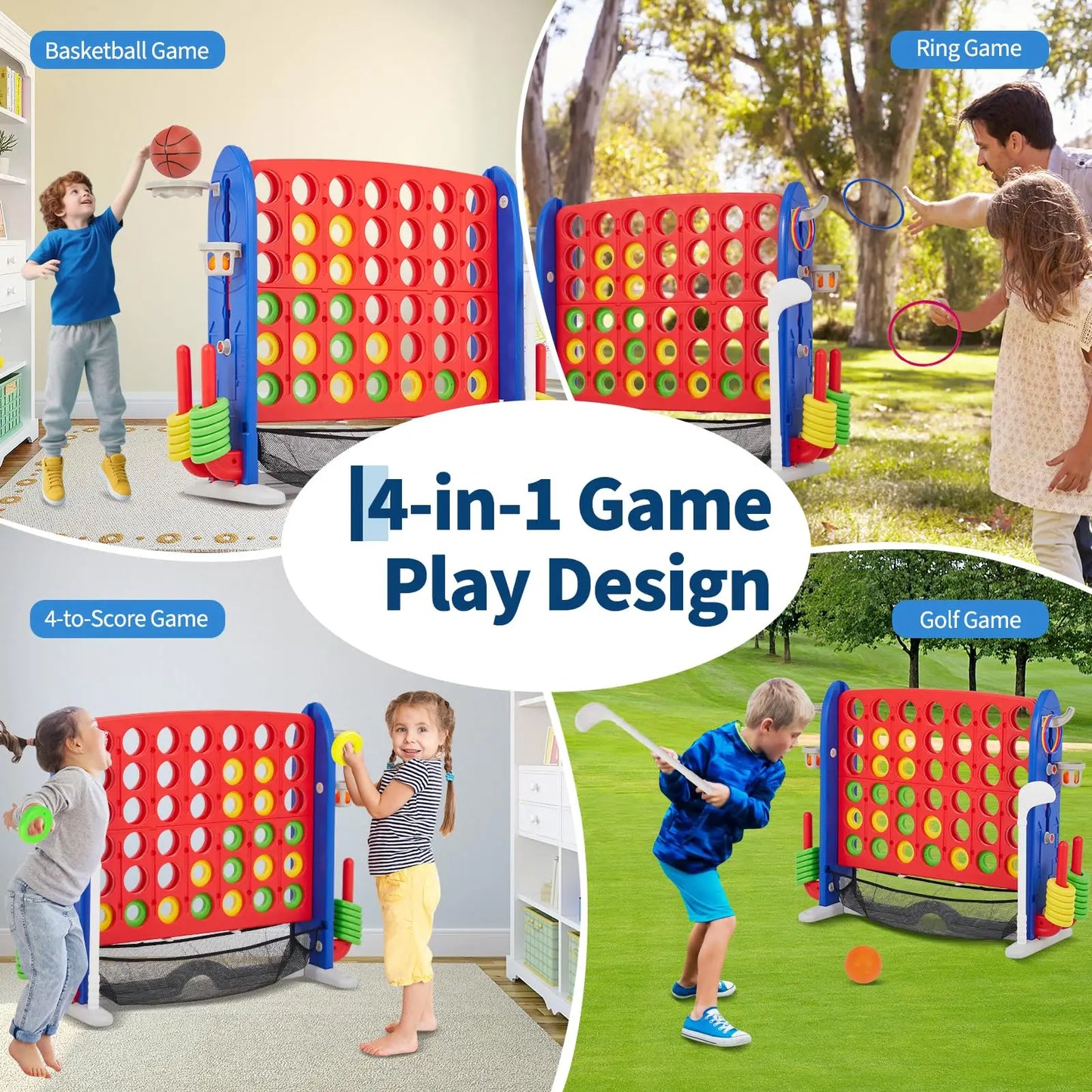 Four In One Floor Board Game Set 4 Games Adjustable Height Mesh Board Carry Bag Family Indoor Outdoor