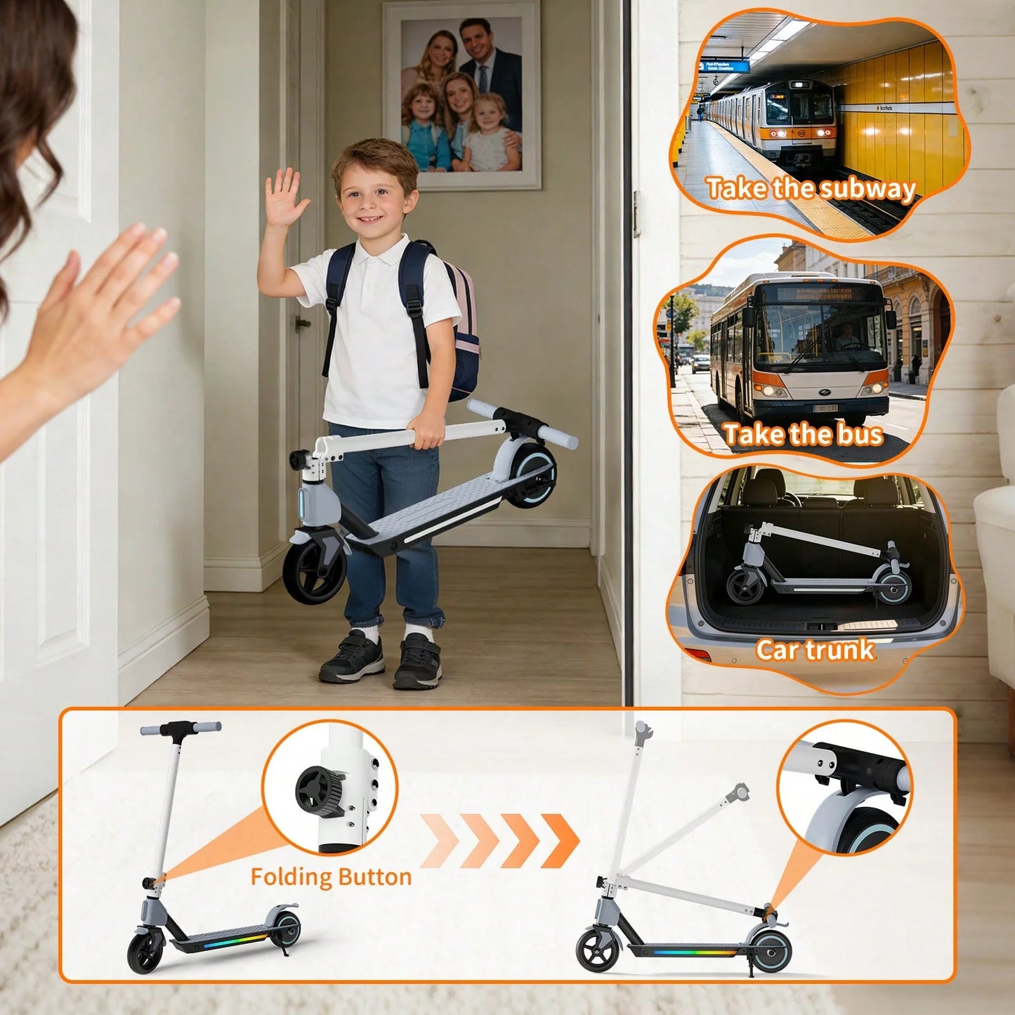 SIMATE Kids Electric Scooter Foldable With LED Display Dual Braking System App Control