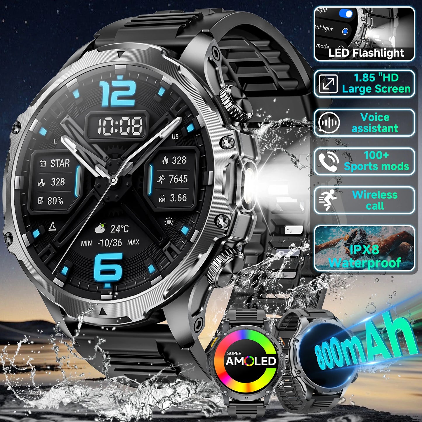 Military Smart Watch Men 1.7 Inch HD Screen Bluetooth Waterproof
