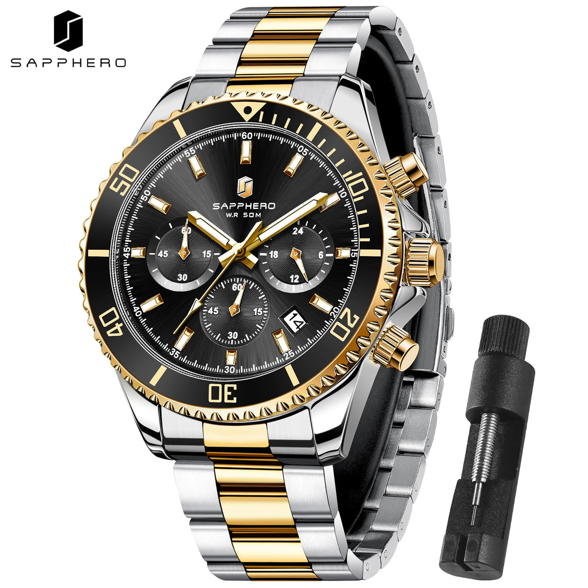 SAPPHERO Men's Stainless Steel Quartz Chronograph Waterproof Watch