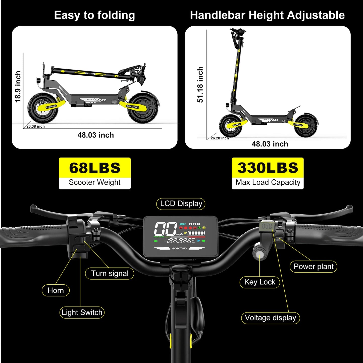 EOEOTWO 1200W Off Road Electric Scooter For Adults Long Range 30MPH 48V Foldable All Terrain Ready Tubeless 11 Inch