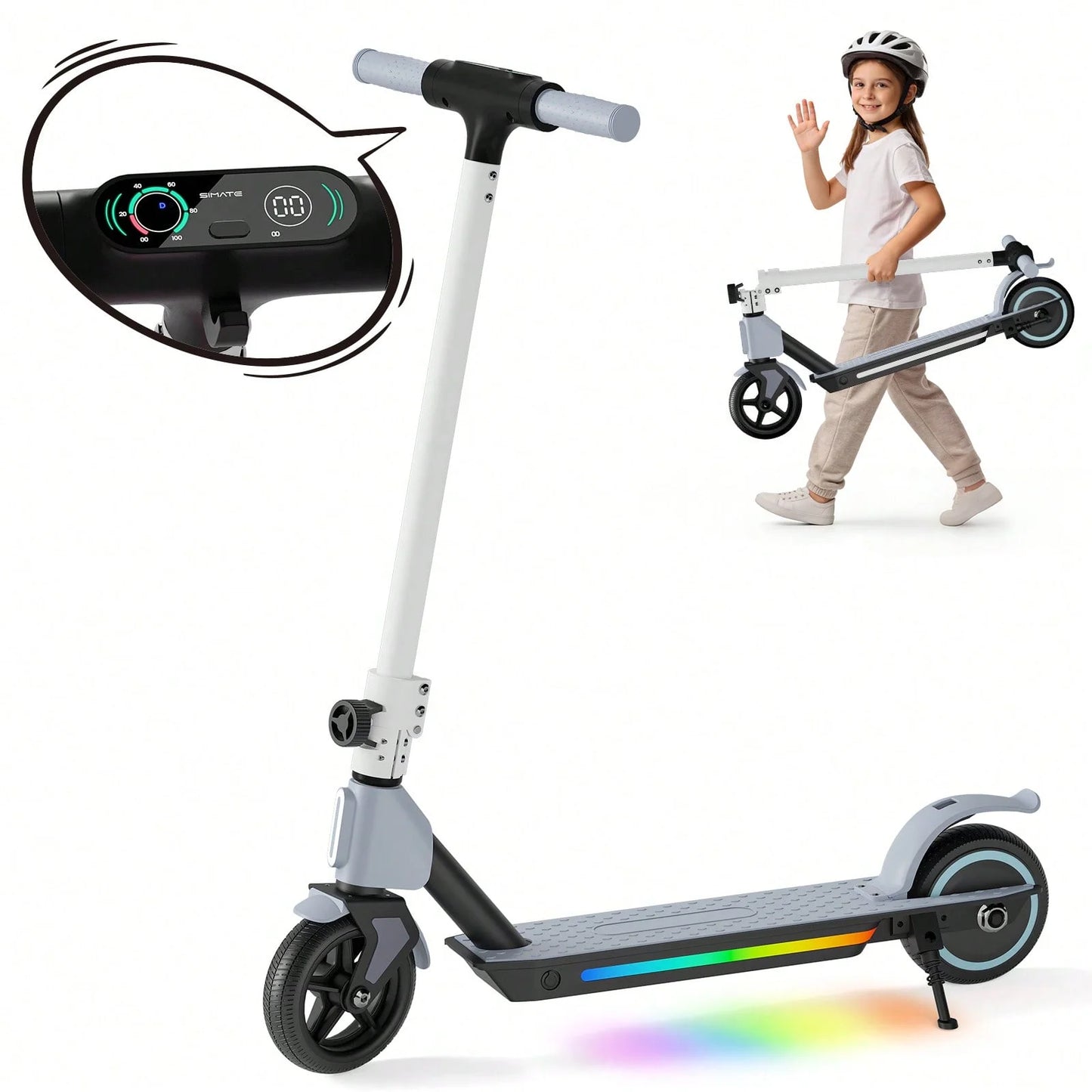 SIMATE Kids Electric Scooter Foldable With LED Display Dual Braking System App Control