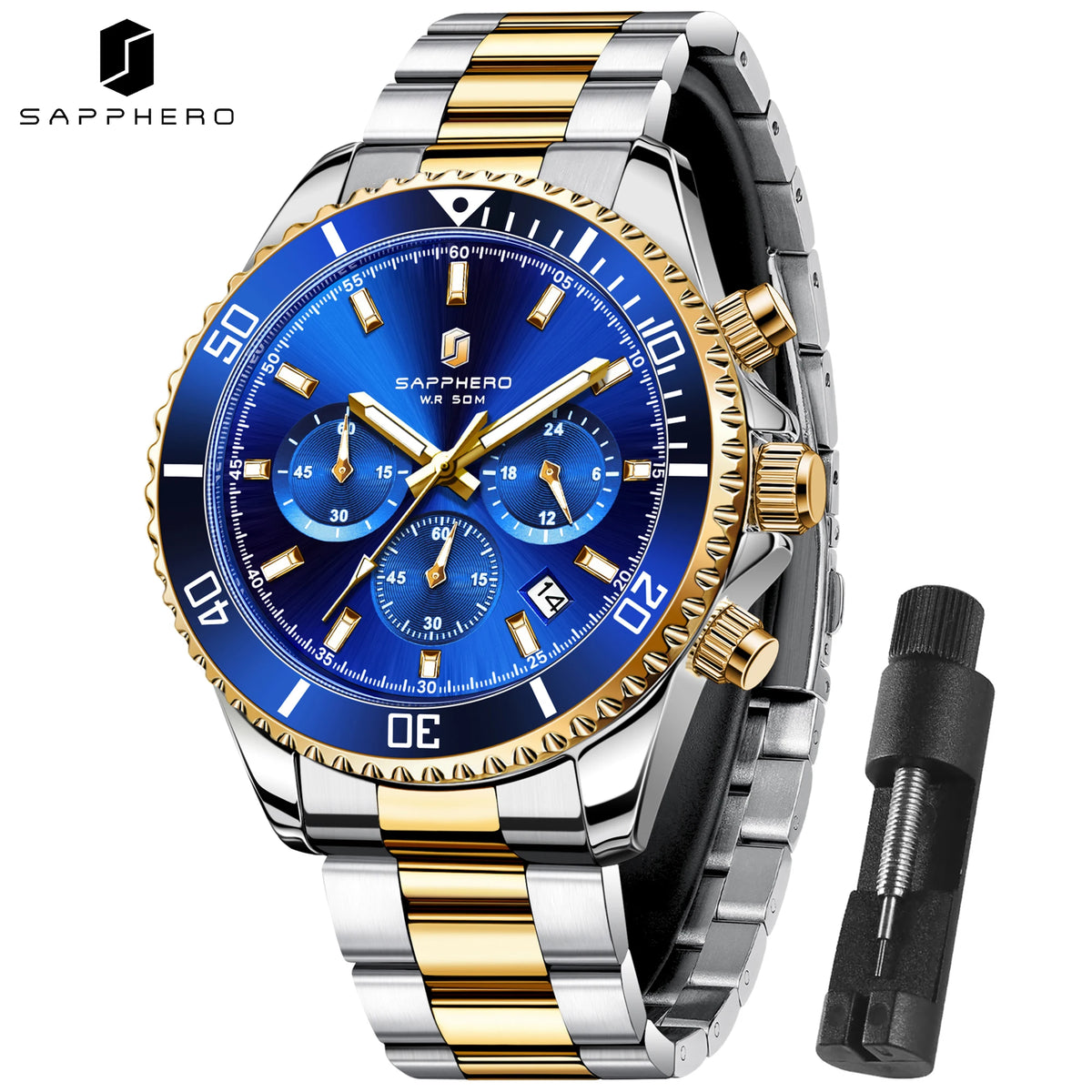 SAPPHERO Men's Stainless Steel Quartz Chronograph Waterproof Watch