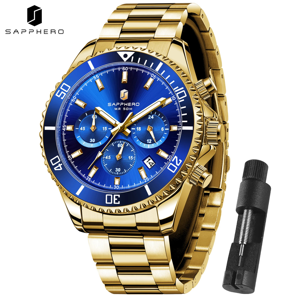 SAPPHERO Men's Stainless Steel Quartz Chronograph Waterproof Watch