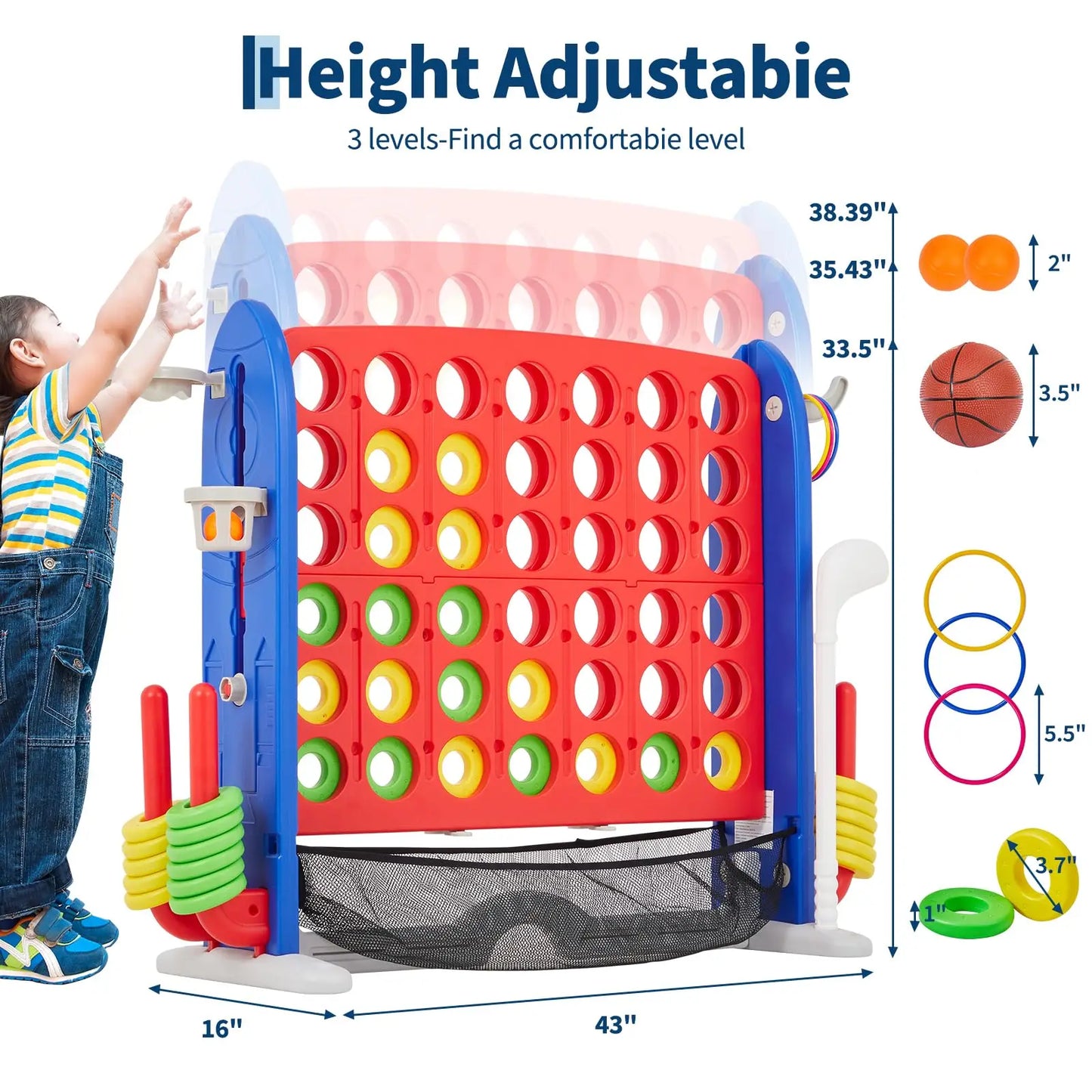 Four In One Floor Board Game Set 4 Games Adjustable Height Mesh Board Carry Bag Family Indoor Outdoor