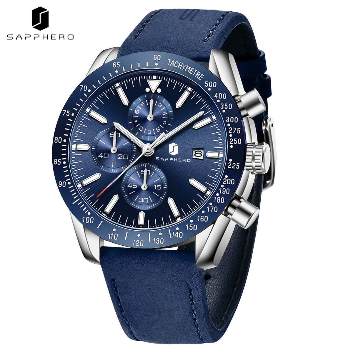 SAPPHERO Men's Quartz Chronograph Watch Date Display Blue Dial 50M Water Resistant Sport Luxury Wristwatch Elegant Fashion Business Casual Watch for Men Daily Wear Office Travel Gift