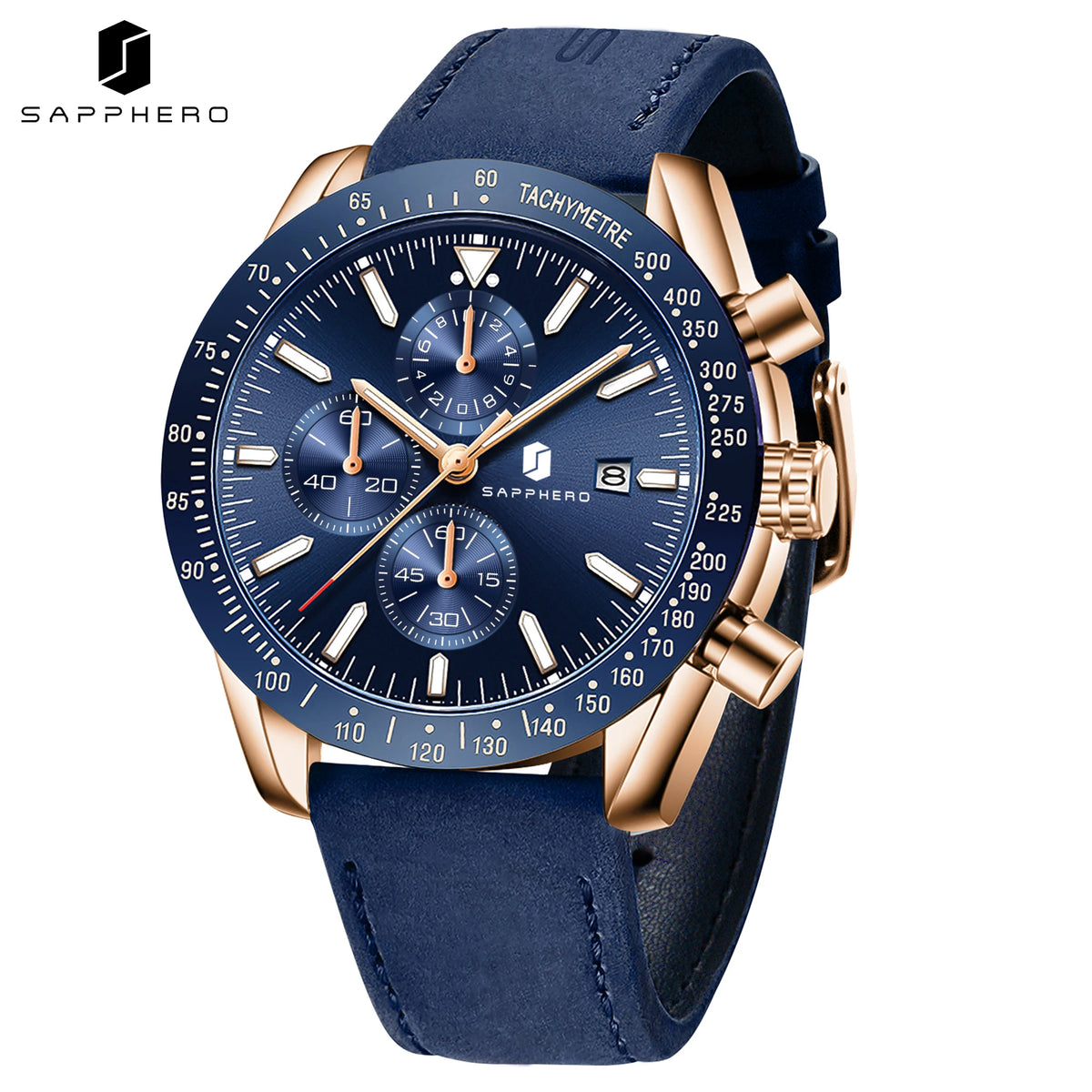 SAPPHERO Men's Quartz Chronograph Watch Date Display Blue Dial 50M Water Resistant Sport Luxury Wristwatch Elegant Fashion Business Casual Watch for Men Daily Wear Office Travel Gift