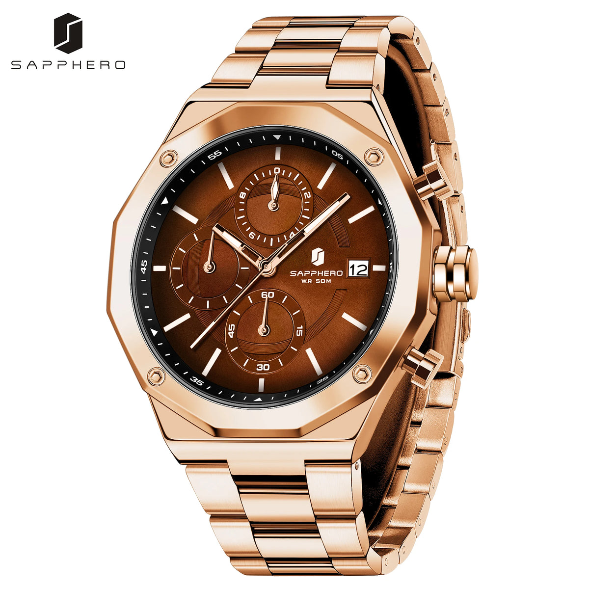 SAPPHERO Men's Chronograph Quartz Watch 5ATM Waterproof Stainless Steel Wristwatch Business Sport Fashion Casual Watch for Men Daily Wear Gift for Father Husband