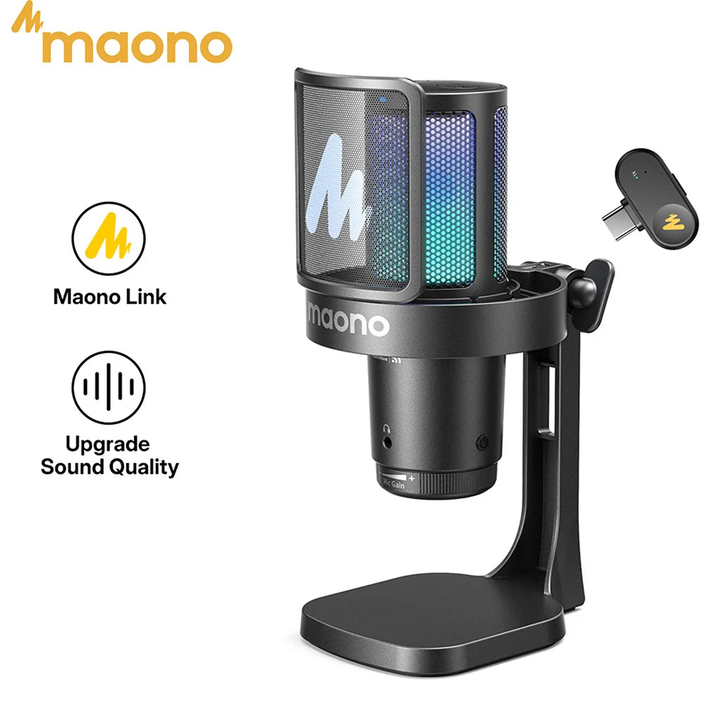 MAONO DGM20W Wireless & USB Microphone USB Gamer Microphone - Noise Reduction RGB Lighting Clear Voice Maono Link Software Control One Tap Mute Desktop Stand Microphone for PC Gaming Live Streaming Host Recording