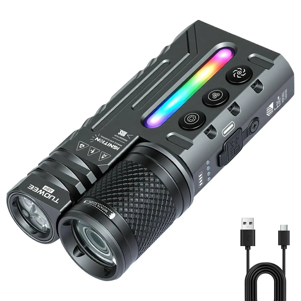 Tuowee USB Rechargeable Tactical Flashlight 3000LM IPX4 Waterproof RGB Zoomable