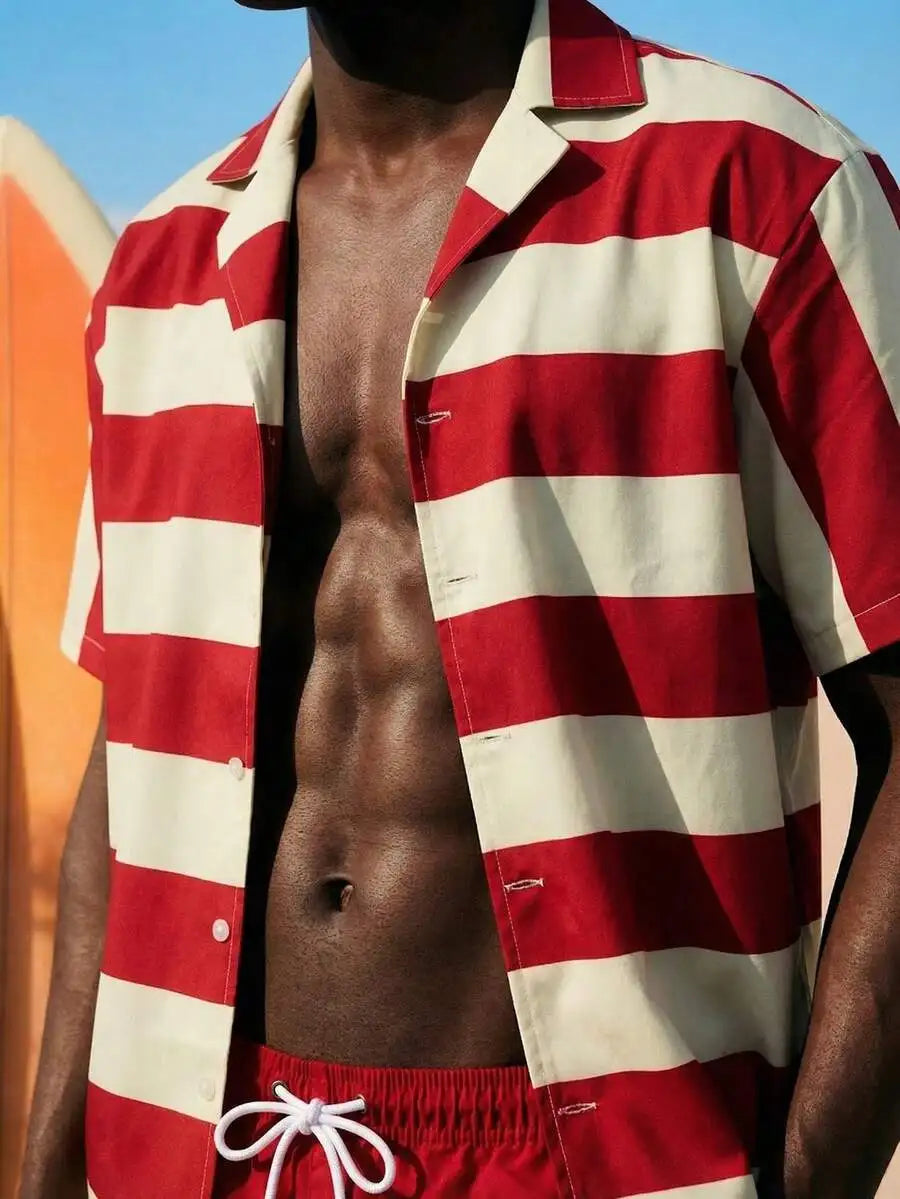 Mens Red And White Striped Short Sleeve Shirt And Solid Red Swim Shorts Two Piece Beach Resort Outfit