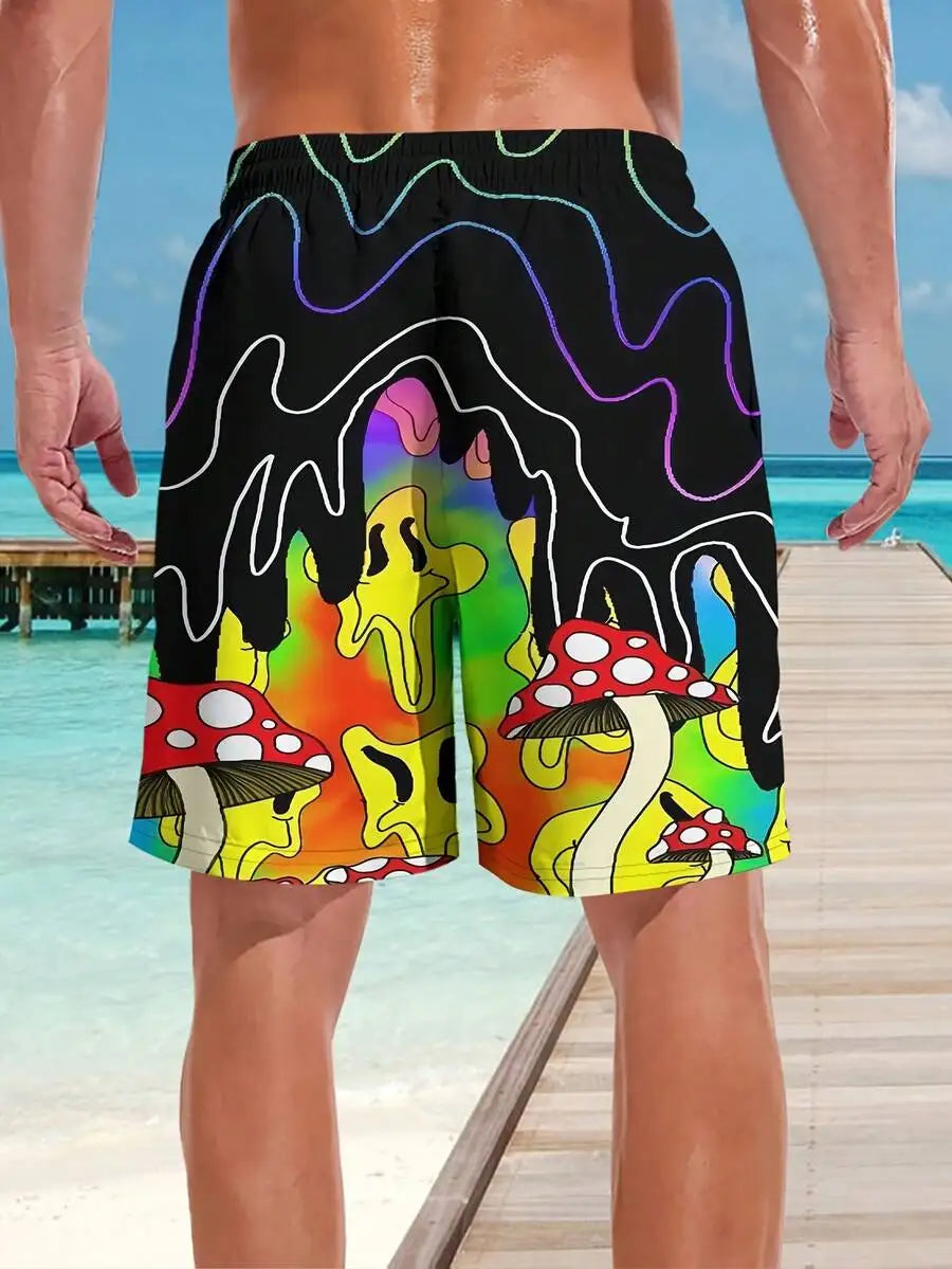 Mens Retro Psychedelic Mushroom Swim Trunks Quick Dry Adjustable Waist Beach Shorts