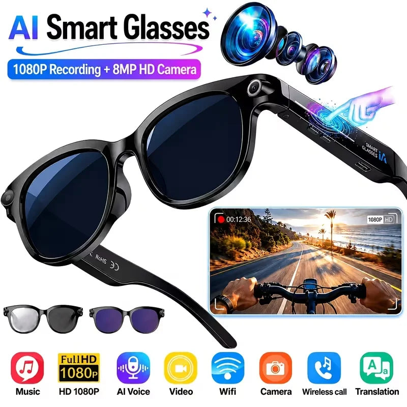 Smart glasses with a camera, 8-megapixel HD resolution, 3 interchangeable lens options, image stabilization, photo and video cap