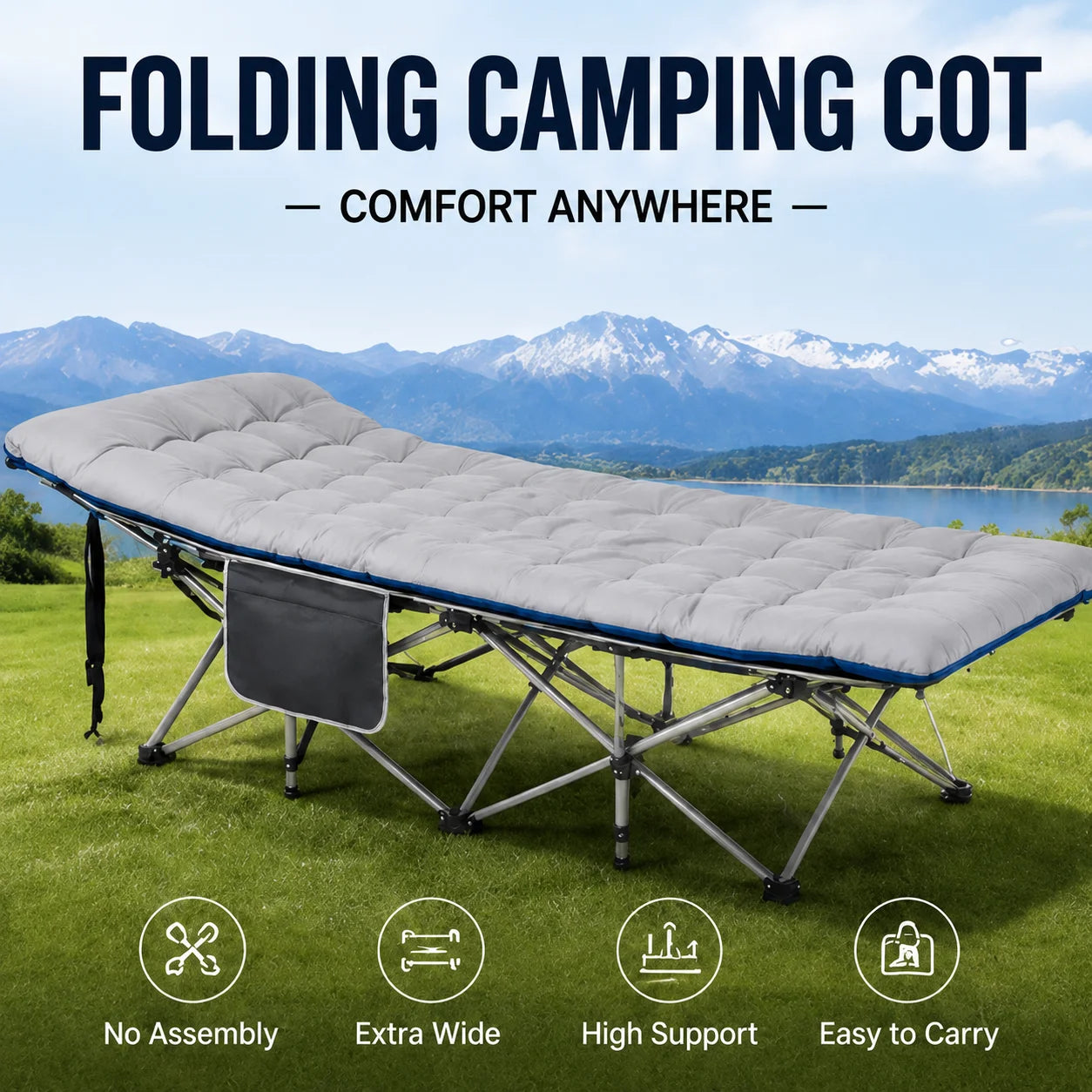 Portable Folding Camping Cot With Thick Mattress And Steel Frame
