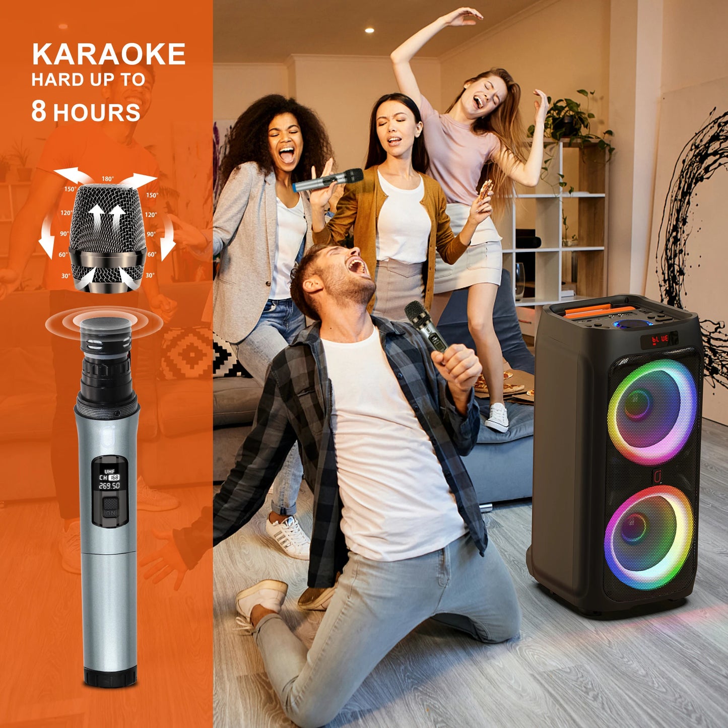 FanFun T9 Karaoke Machine With 2 Wireless Microphones Bluetooth Speaker