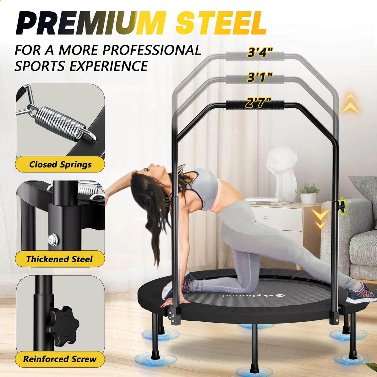 Foldable Fitness Rebounder Trampoline With Adjustable Handlebar