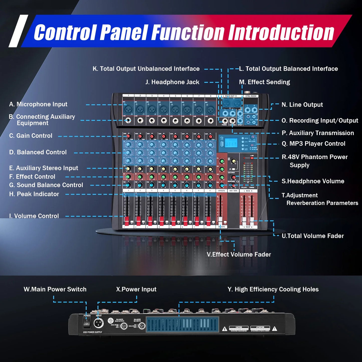 Bymaocar 7 8 Channel Professional Mixer With Bluetooth USB Recording